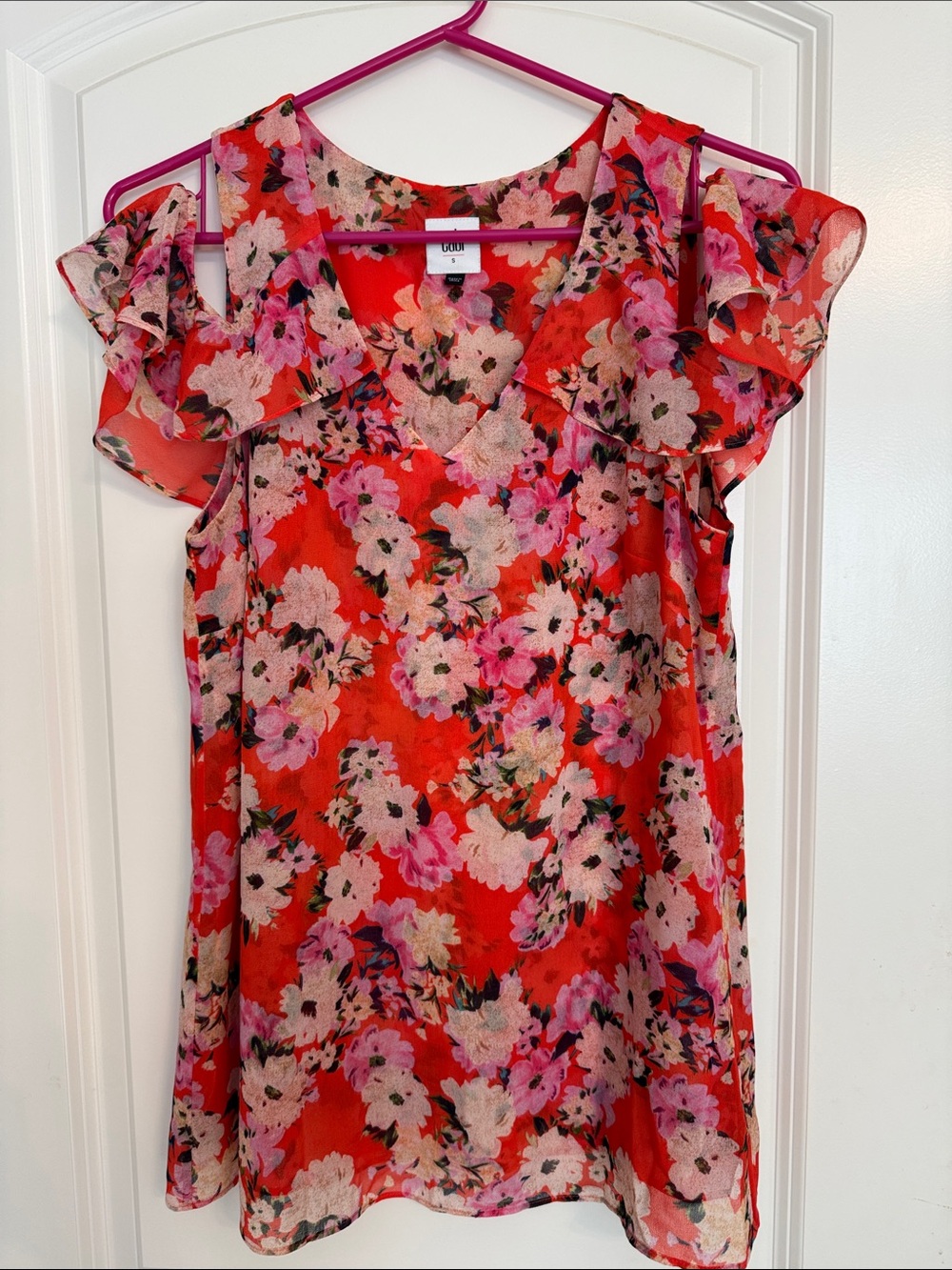 CAbi orange/Red Floral Blouse with Pink and Green Accents